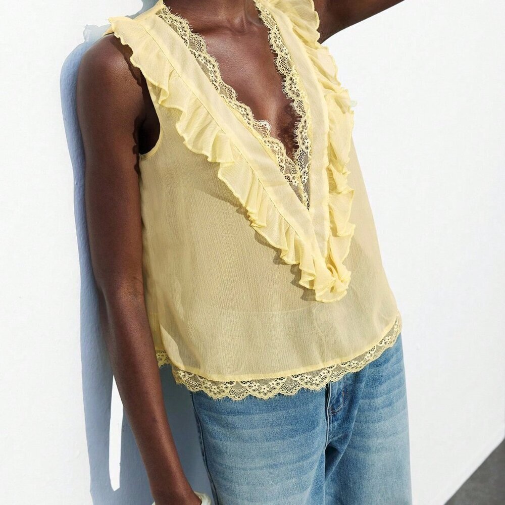Yellow Casual Women's Lace Deep V Neck Sleeveless Blouse - Picture 6 of 7